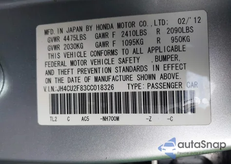 2012 Acura Tsx 2.4 from USA, damaged, VIN JH4CU2F83CC018326
